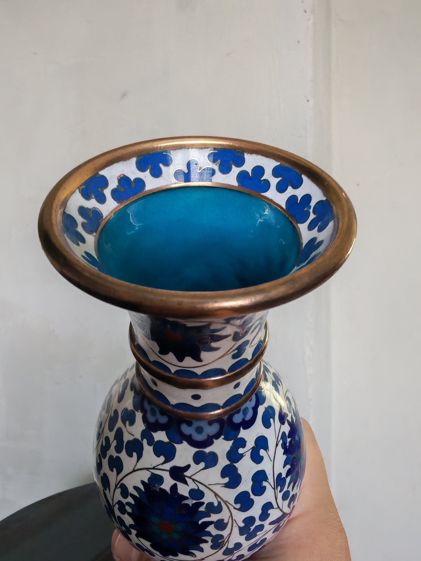 Vintage Enamelled Vase – Blue Decorative Pattern & Brass-toned Details