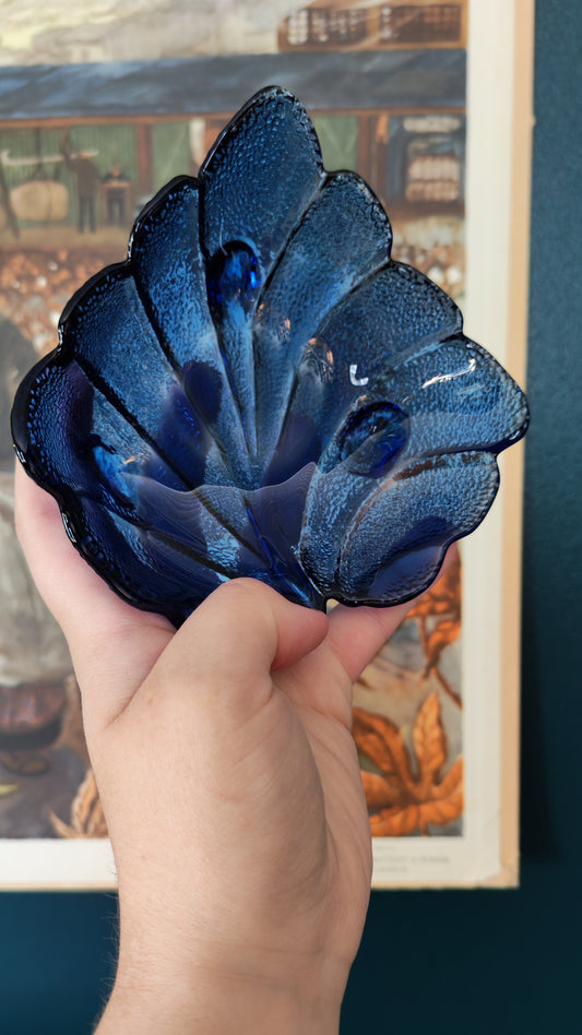Cobalt blue leaf-shaped glass dish