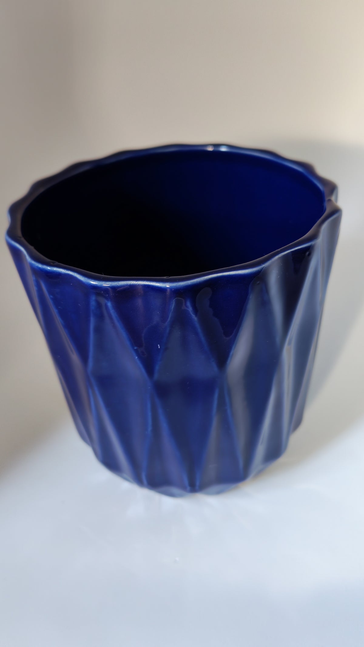 Cobalt blue flowerpot with a geometric pattern