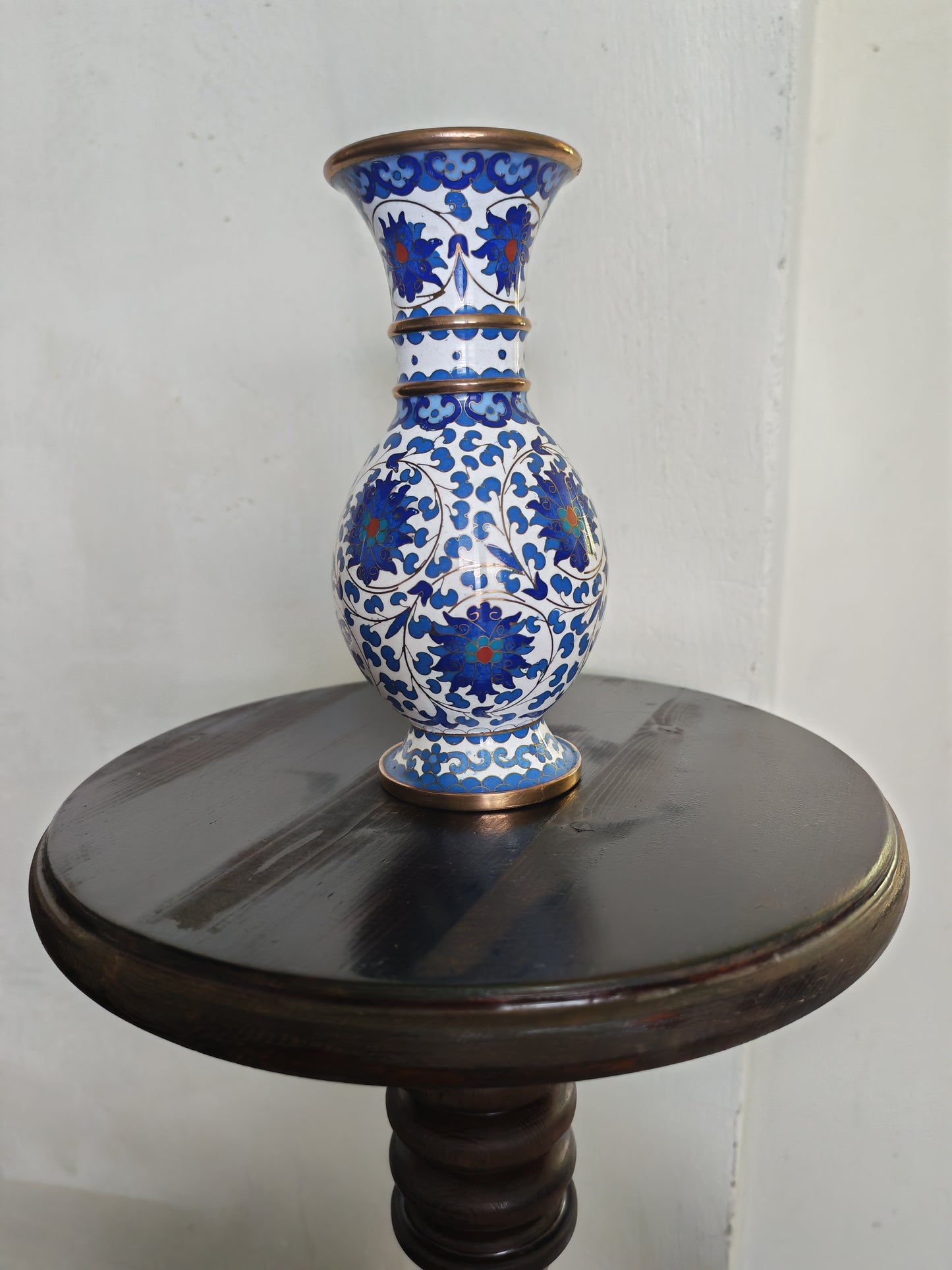 Vintage Enamelled Vase – Blue Decorative Pattern & Brass-toned Details