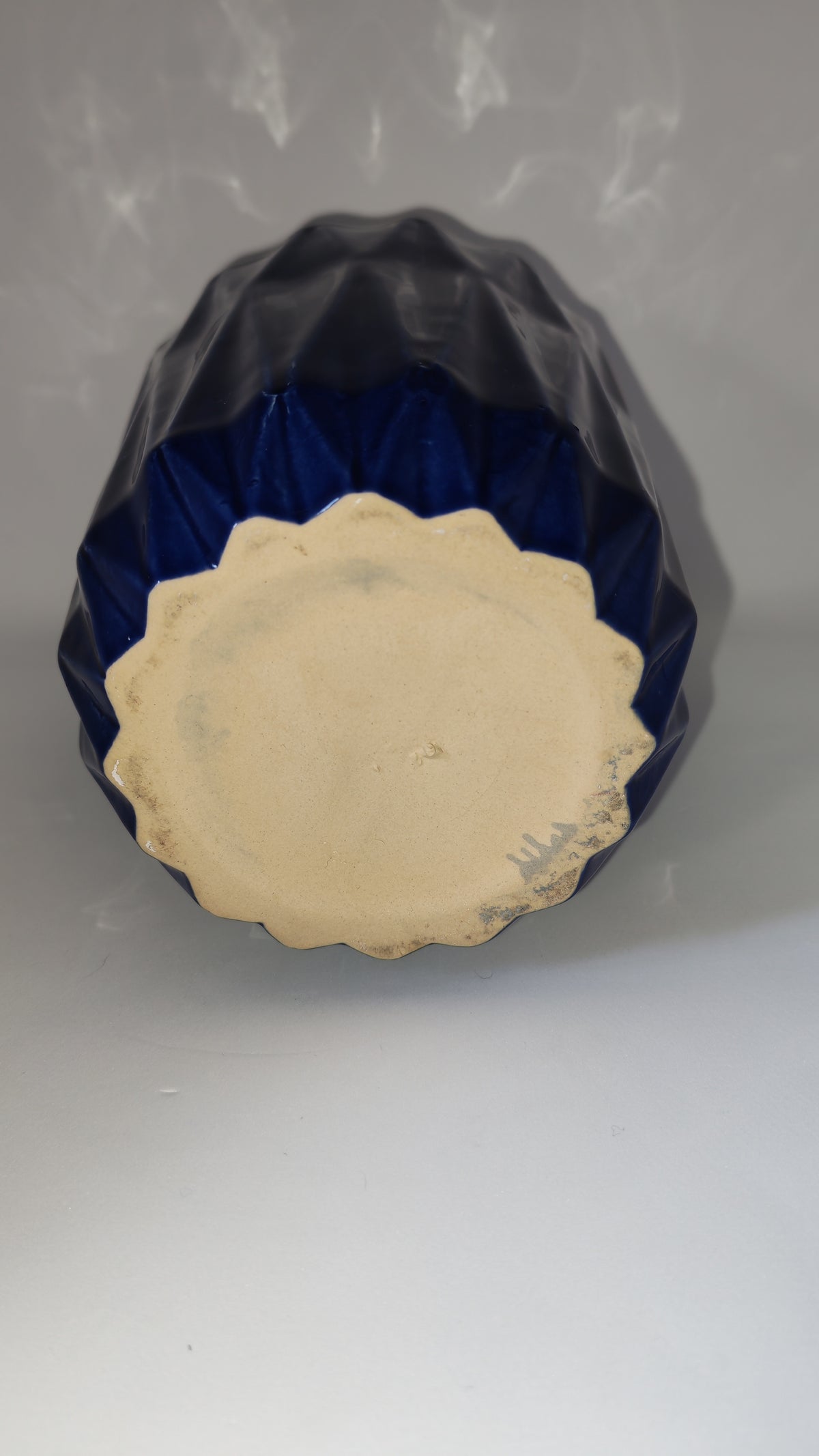 Cobalt blue flowerpot with a geometric pattern