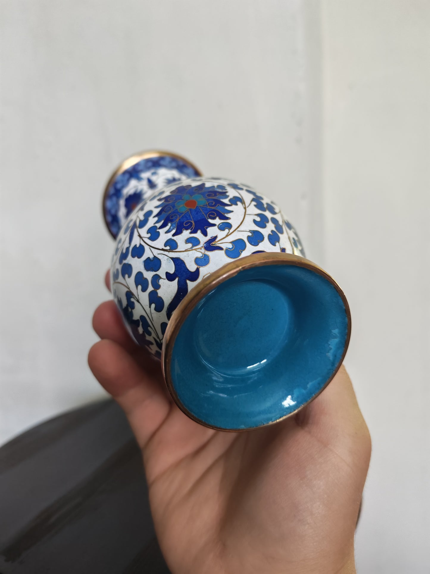 Vintage Enamelled Vase – Blue Decorative Pattern & Brass-toned Details