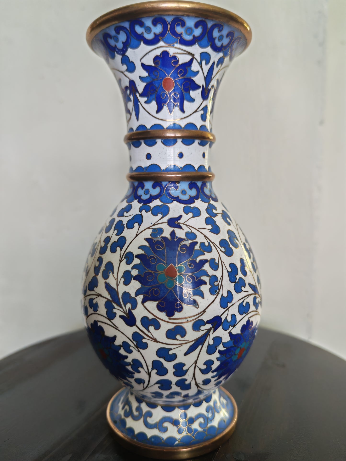 Vintage Enamelled Vase – Blue Decorative Pattern & Brass-toned Details