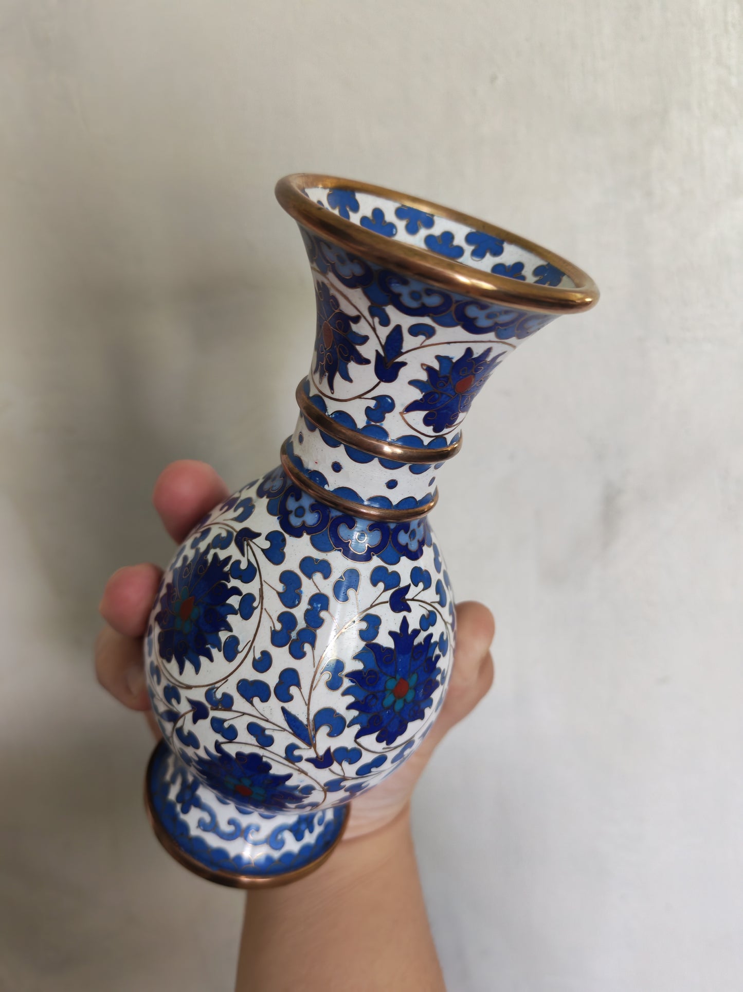 Vintage Enamelled Vase – Blue Decorative Pattern & Brass-toned Details